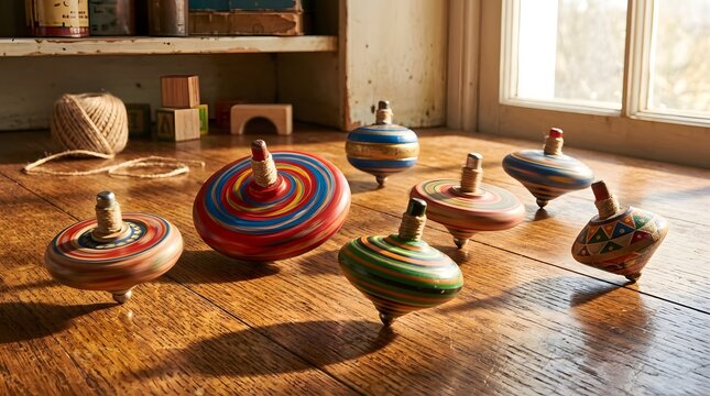 Spinning tops in motion on wooden table indoors