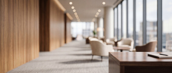 Fototapeta premium Modern office waiting area with comfortable seating, large windows overlooking city skyline, and warm wood paneling, creating a professional and inviting atmosphere