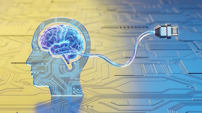 Neural network brain computer interface concept with glowing digital human head profile and data cable plug on circuit board