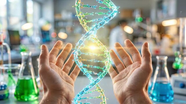 Hands holding glowing DNA double helix in modern laboratory. Scientist presenting genetic structure amid lab equipment. Biotechnology and molecular biology research concept for scientific innovation