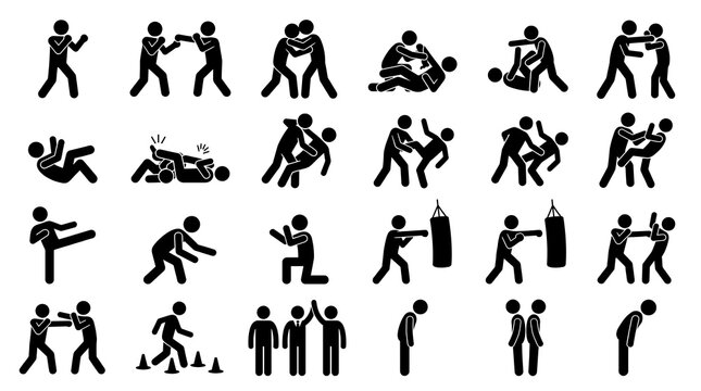 Set of black stick figure icons showing various martial arts fighting techniques and training exercises on a clean white background