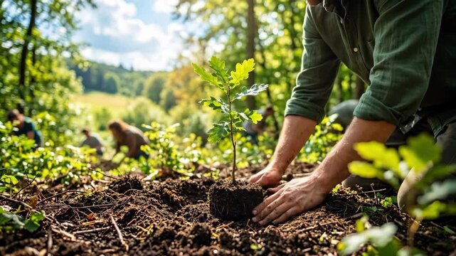 Man planting young oak sapling in forest soil. Environmental conservation activity with group volunteers. Nature restoration and sustainability concept in woodland setting