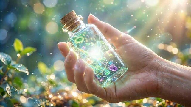 Womans hand holding glass bottle with glowing microorganisms. Magical blend of nature and science in enchanted forest setting. Biotechnology discovery and microscopic world visualization concept