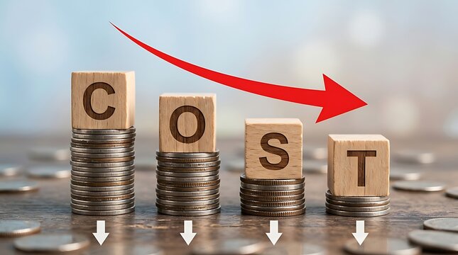 Wooden blocks with the word cost on stacks of coins with a red downward arrow representing cost reduction