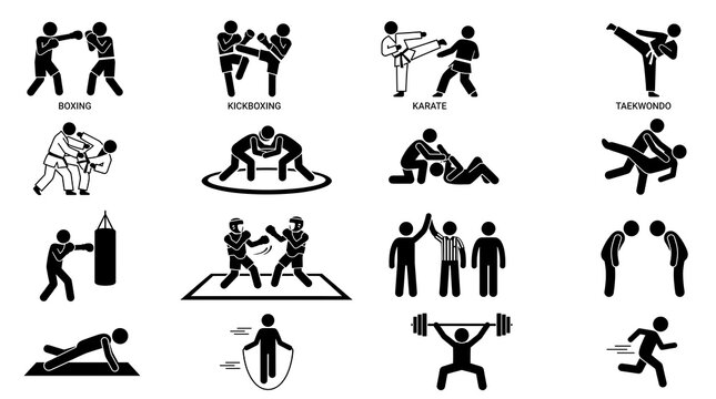Black and white vector pictogram set showing various martial arts fighting styles and fitness exercises for healthy active lifestyle concepts