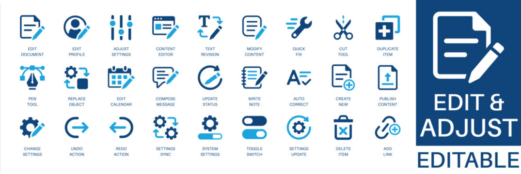 Edit and adjust solid icon set. Featuring edit document, content editor, adjust settings, text revision, and system settings. Editable vector glyphs for document management and administration.