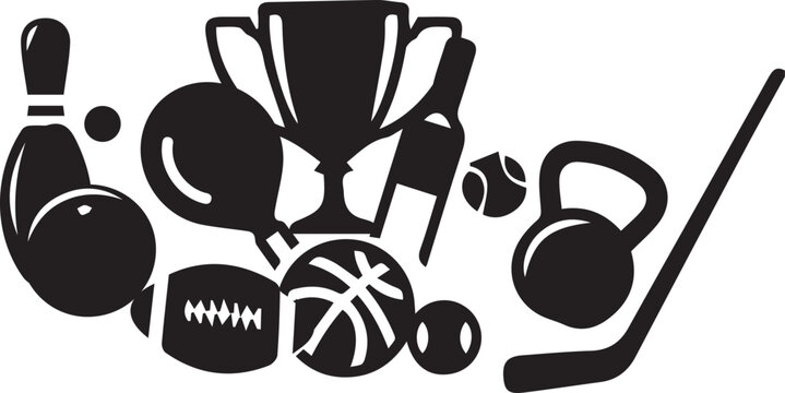 Black and white sports equipment vector illustration with championship trophy basketball rugby ball bowling pin kettlebell and hockey stick