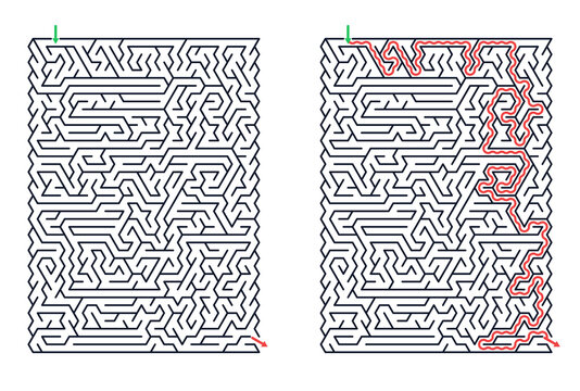Rectangular maze for kids and adults, medium difficulty printable logic game, find the way from start to exit, black and white, activity worksheet page with solution