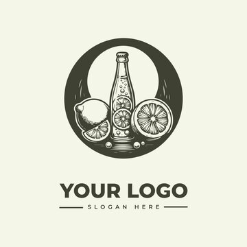 Vintage style logo design featuring a glass bottle of lemonade with fresh citrus fruits.