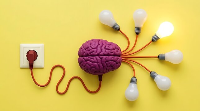 Purple brain plugged into wall socket powering multiple lightbulbs representing creative energy and idea generation