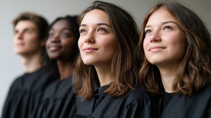 Fototapeta premium Diverse group of graduates standing together looking upward with optimism