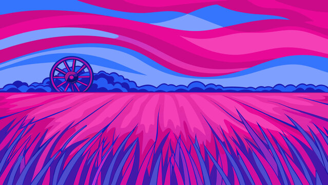 An endless field of metallic lavender fields swaying under a sky filled with intersecting, swirling aurora borealis bands.