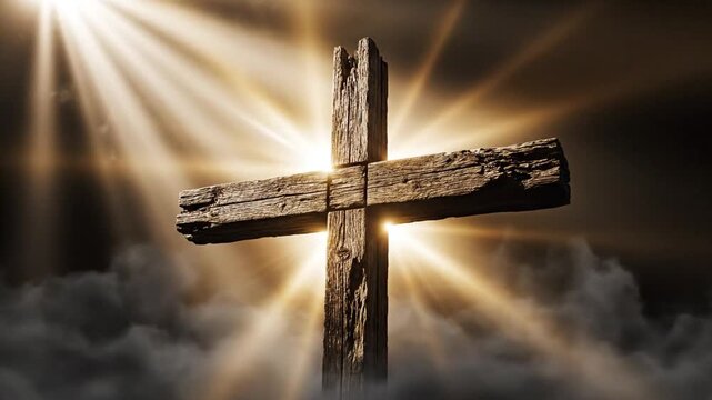 A rustic wooden cross bathed in divine golden light, symbolizing hope and redemption on Good Friday