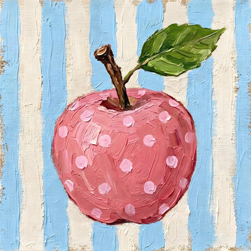 Whimsical Pink Polka Dot Apple Oil Painting with Thick Impasto Texture on Striped Background