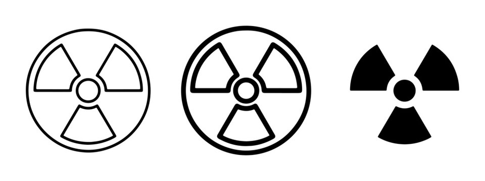 Radiation Symbol Icons, Radioactive Hazard Warning Signs, Nuclear Energy Danger Symbols, Set of Three Vector Graphics