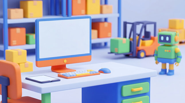 3D illustration of a warehouse office scene featuring a robot and forklift