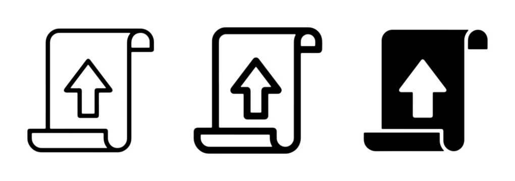Upload Document Icons, Scroll Paper with Up Arrow Symbol, Data Transfer and File Upload Vector Graphics