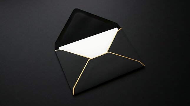 Open black envelope with gold trim and white paper insert on black background