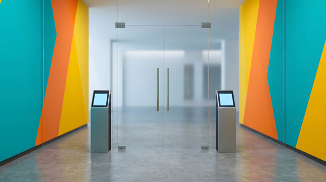 Modern glass entrance hall with colorful geometric walls and two interactive kiosks