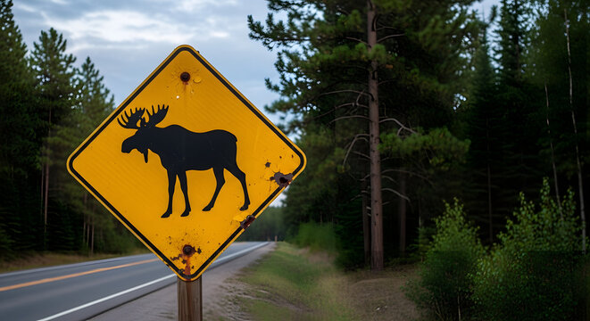 Weathered yellow moose warning sign with bullet holes next to a forest road. Rural highway wildlife crossing caution symbol. Danger of animals on the street