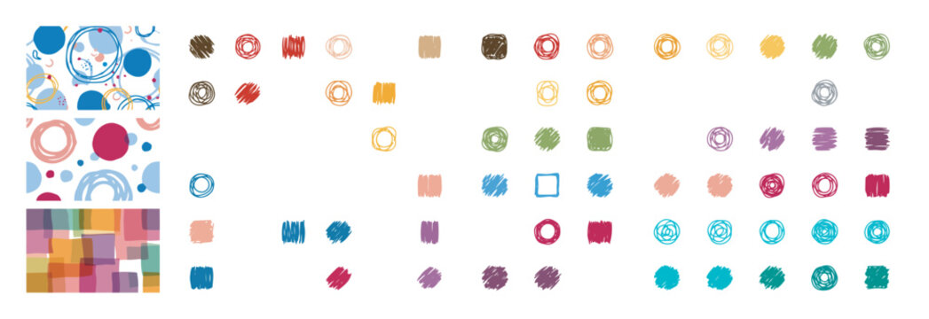 Hand drawn colorful scribble circles and squares collection with abstract seamless patterns