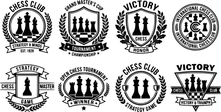Chess club emblem. Chess game, chess tournament logo, king, queen, bishop and rook chess pieces silhouettes. Tactical game emblems vector illustration set. Victory badges with wreath and shield