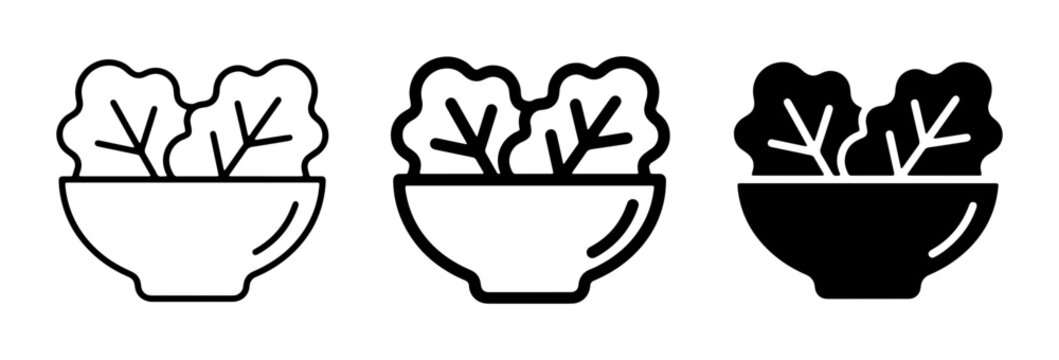 Salad Bowl Icons, Fresh Lettuce Vector Graphics, Healthy Food Symbols, Simple Outline and Silhouette Designs