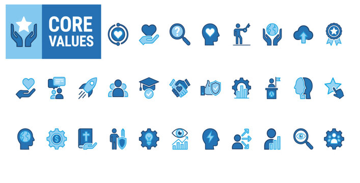 Professional business core values icon set for corporate identity and strategy planning