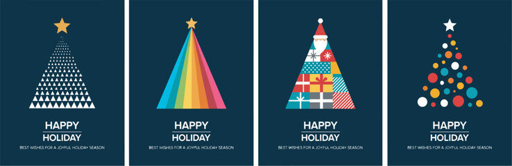 Set of four festive Christmas greeting card designs with stylized holiday tree graphics © Rayhan