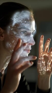 Futuristic woman interacting with digital hologram interface, illuminated by glowing virtual data projections. Advanced technology and artificial intelligence merge in this innovative concept