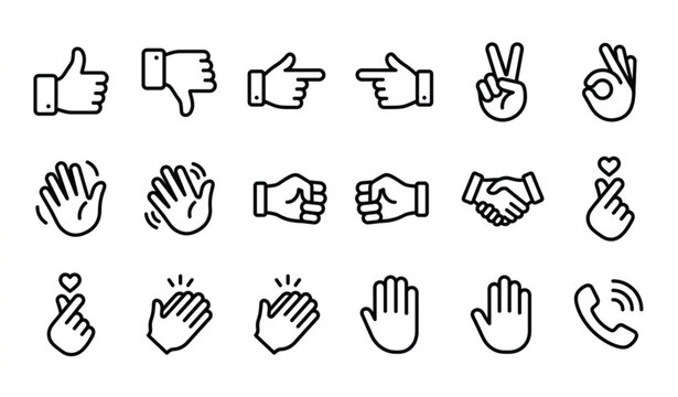 Hand gesture line icon set with editable stroke isolated on white background