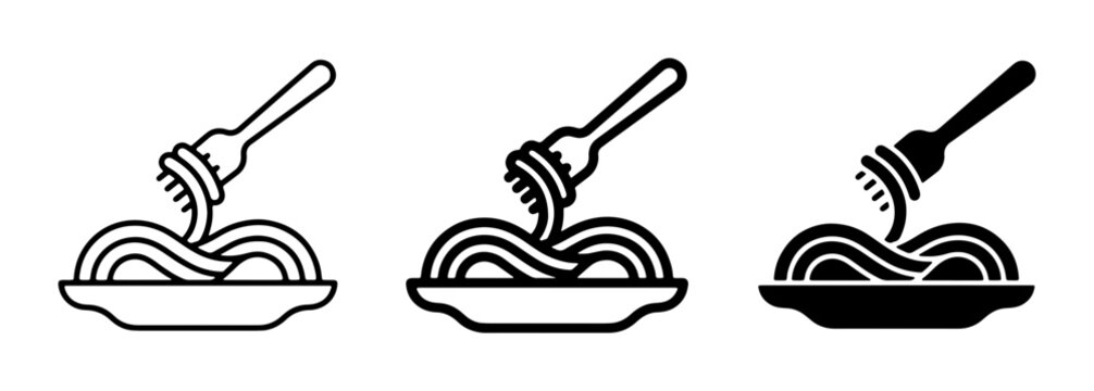 Spaghetti and Fork Icons, Simple Line Art and Silhouette, Italian Food Meal Concept