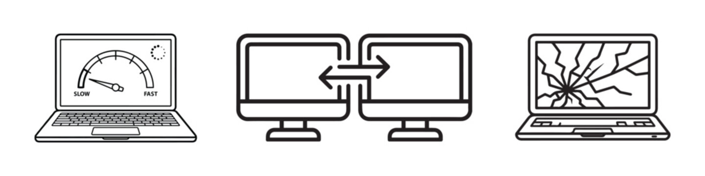 Minimalist line icons set representing slow laptop performance speed, data transfer between computer monitors, and a broken cracked laptop screen