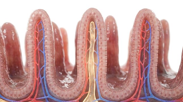 3d illustration of intestinal villi with blood vessels and lacteal, showing nutrient absorption in the small intestine
