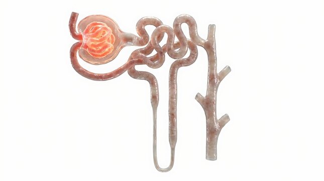 3d illustration of a human nephron, the functional unit of the kidney, isolated on white background