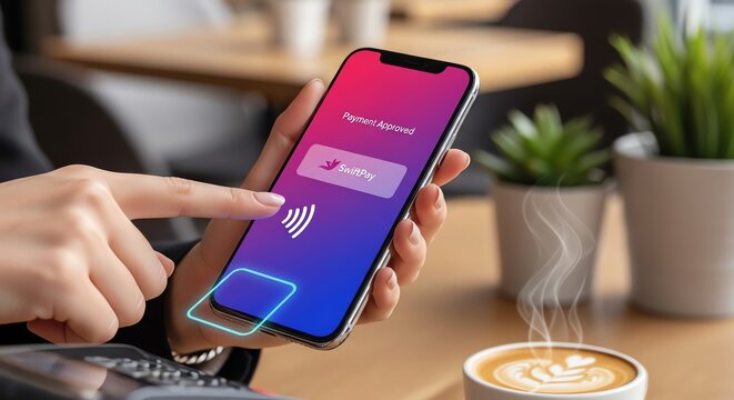 Woman uses smartphone for contactless payment with NFC technology at a cafe, digital transaction, paying with mobile app