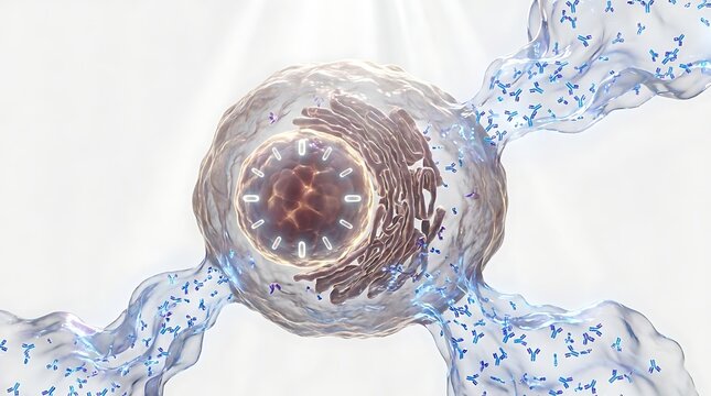 3d illustration of a plasma cell secreting antibodies, representing the immune response and the production of immunoglobulins