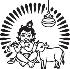 Naklejka premium Minimalist Janmashtami Festival Illustration - Baby Krishna and Cow