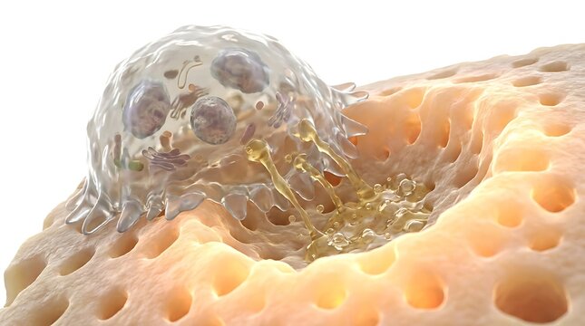 3d illustration of an osteoclast cell resorbing bone tissue, showing the ruffled border and secretion of enzymes