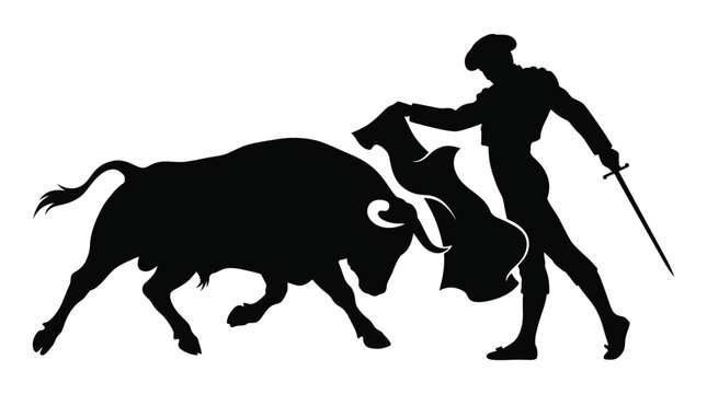 Matador And Bull Facing Off Black Silhouette