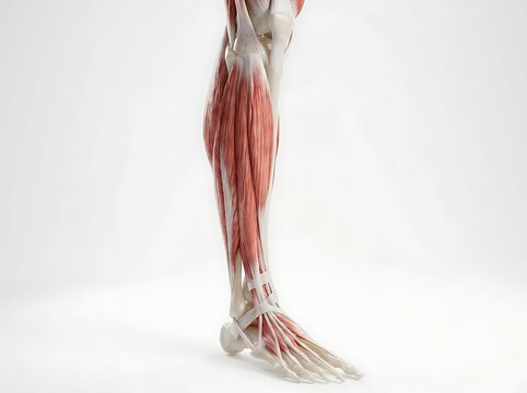 Anatomical illustration of the human lower leg and foot muscles isolated on white background