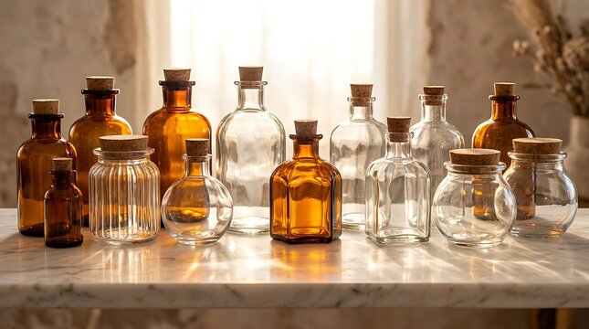 Collection of glass and amber bottles with cork stoppers on marble