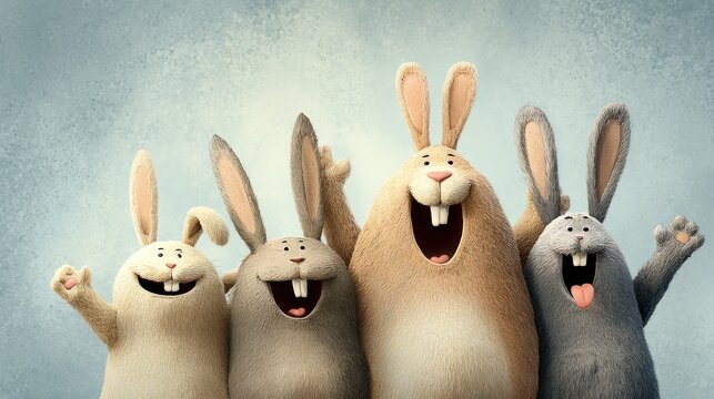 Four fluffy, cheerful cartoon rabbits pose together with wide, happy smiles