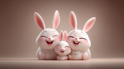 Fototapeta premium Three cheerful, stylized rabbits form a small family group against a soft background