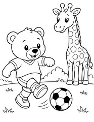 Naklejka premium Cute Teddy Bear Africa Giraffe soccer world tour Soccer Coloring Page for Kids Black and White Cartoon Illustration