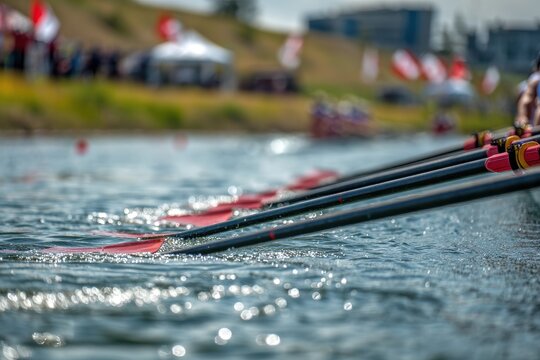 Competitive rowing regatta oars striking water surface during race with competition exercise training sculling paddling physical strength competitive synchronization movement championship