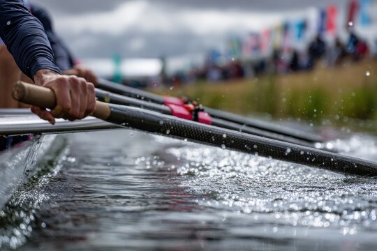 Rowers holding oars in action during professional water race with competition exercise training sculling paddling physical strength competitive synchronization movement championship
