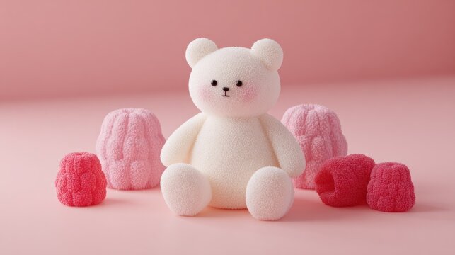 Adorable fluffy white bear figurine sits among textured pink objects on a solid color background