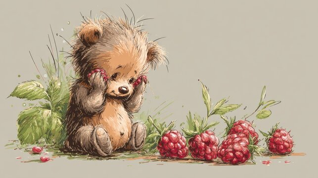 Fluffy small creature with delicate paws carefully holds bright red berries near green foliage