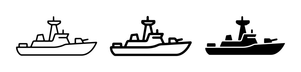 Naval Warships, Military Vessels, and Battleship Icons: Set of Three Vector Illustrations for Defense and Maritime Themes © Farzana